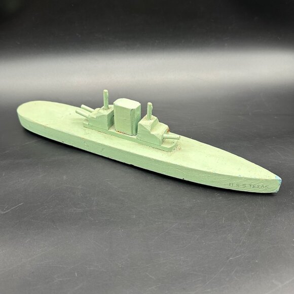 Velasco Other - Vintage Toy USS Texas Wooden Battleship Boat Wheels WWII Velasco USA Green READ